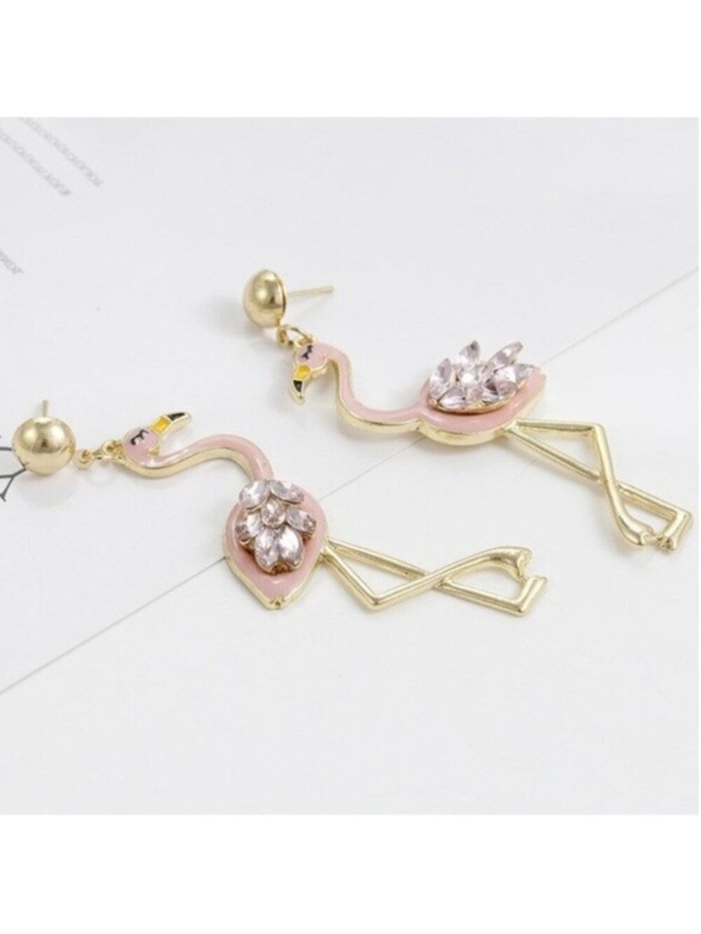 Pink Crystal Flamingo Drop Long Gold Earrings